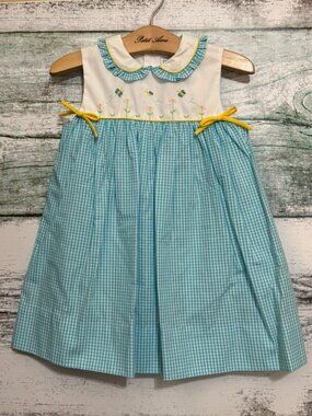 Petit Ami Turquoise Gingham Butterfly Embroidered Sundress & Bloomers 12 Months